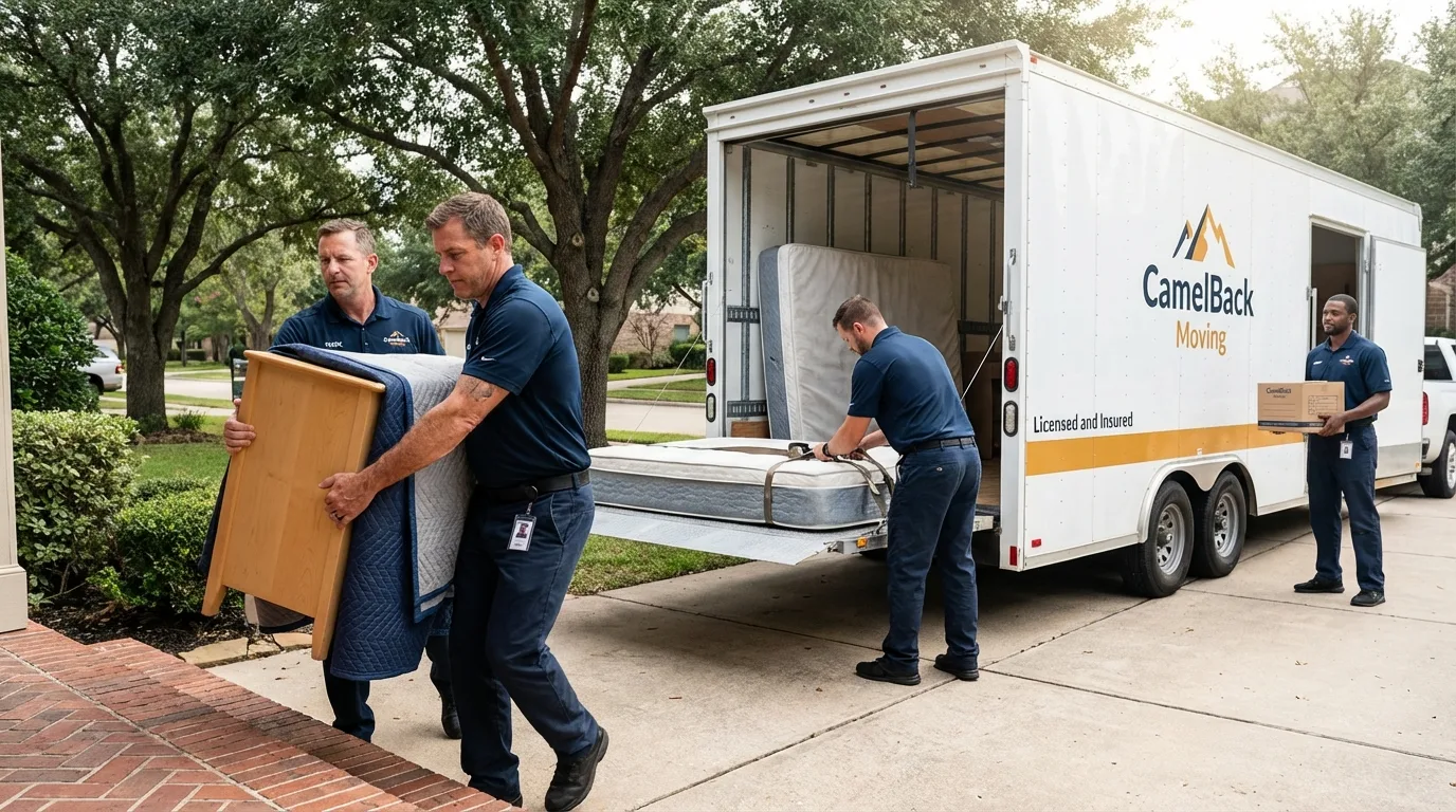 Crew loading residential truck for cross-state move from Sarita, TX
