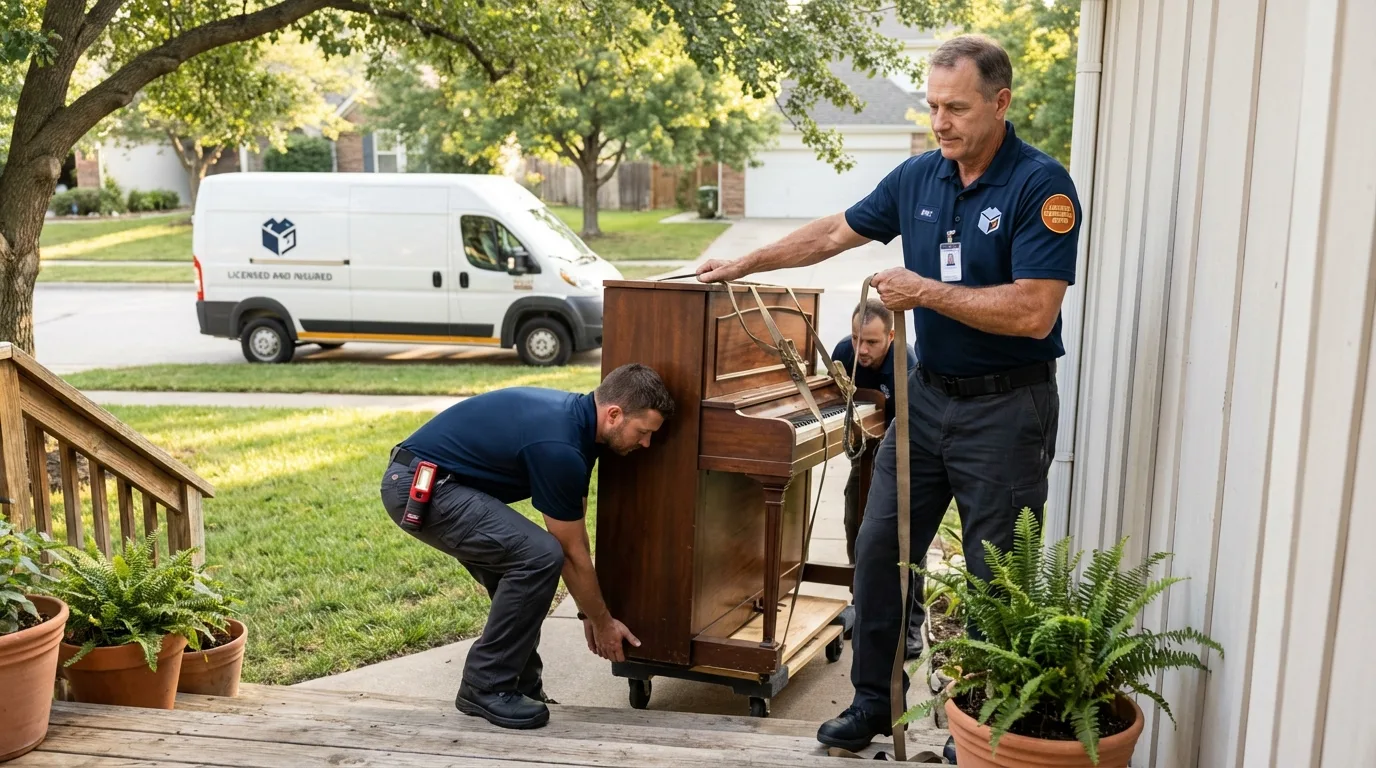 Licensed piano movers securing grand piano in Sarita, TX