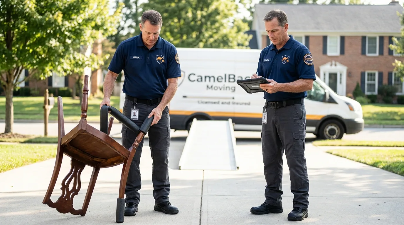 Movers inspecting furniture for damage prevention before loading in Sarita, TX