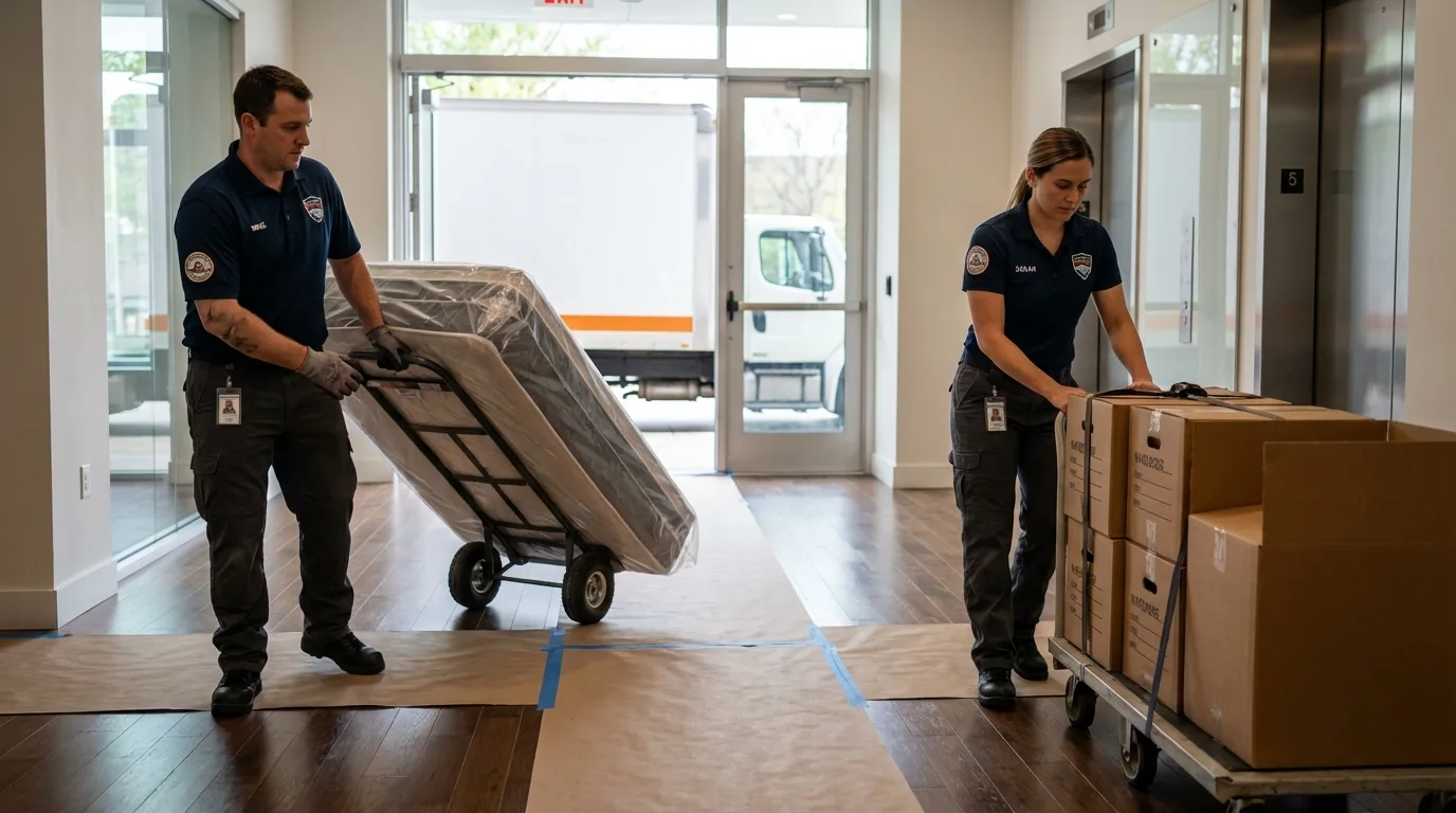 Professional apartment movers loading elevator in Sarita, TX