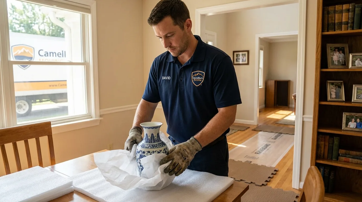 Professional crew carefully wrapping antique vase for senior downsizing move in Sarita, TX