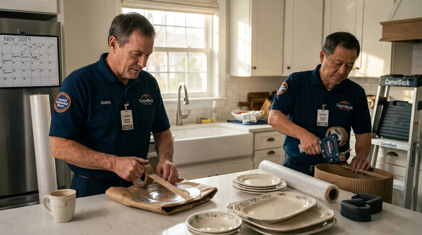 Professional crew packing kitchen dishware in Sarita, TX